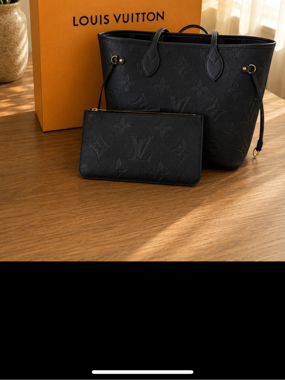 Louis Vuitton Black Embossed Monogram Tote with Pouch